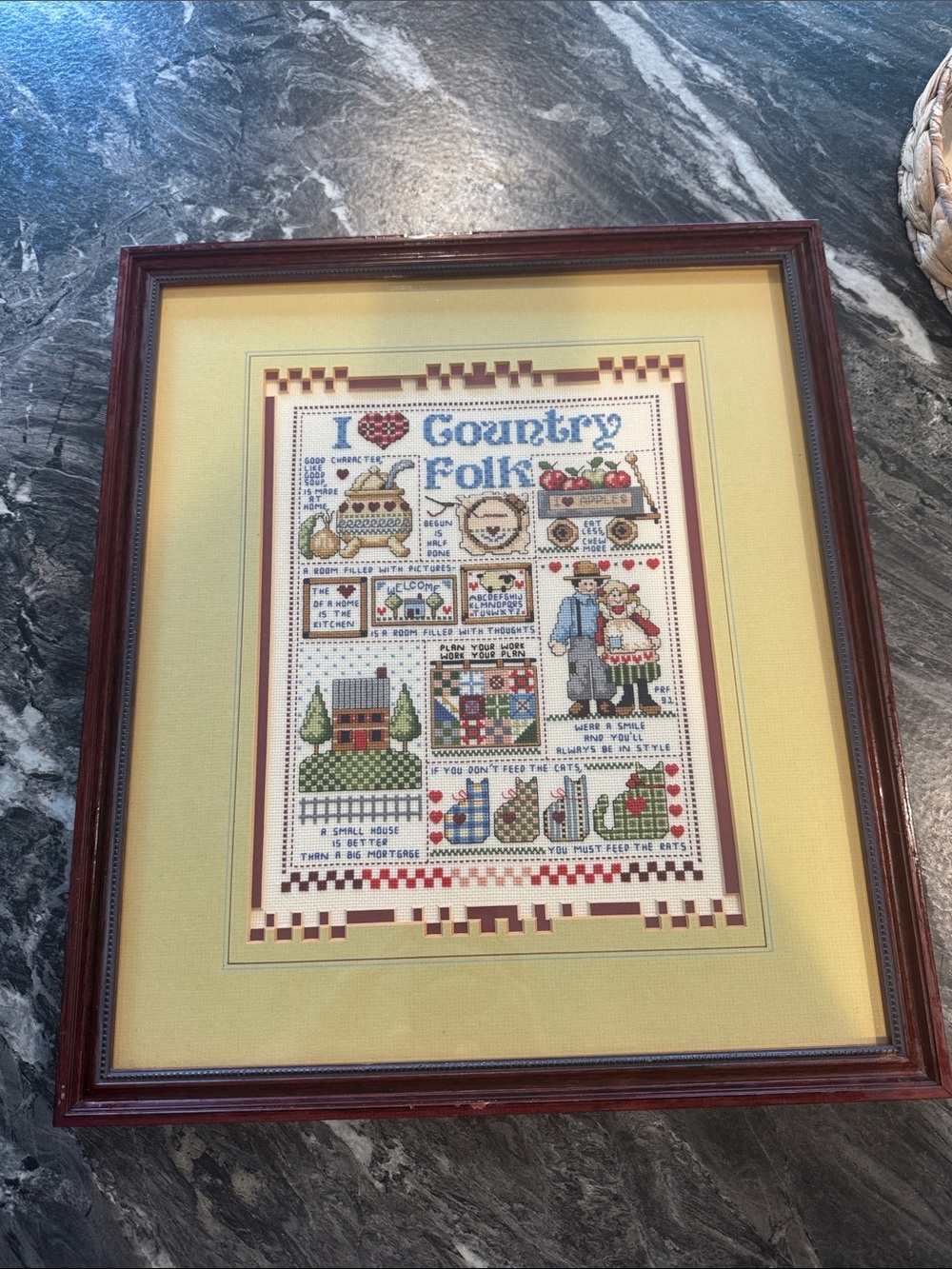 Country Folk Framed Cross Stitch Wall Art - Green Mat